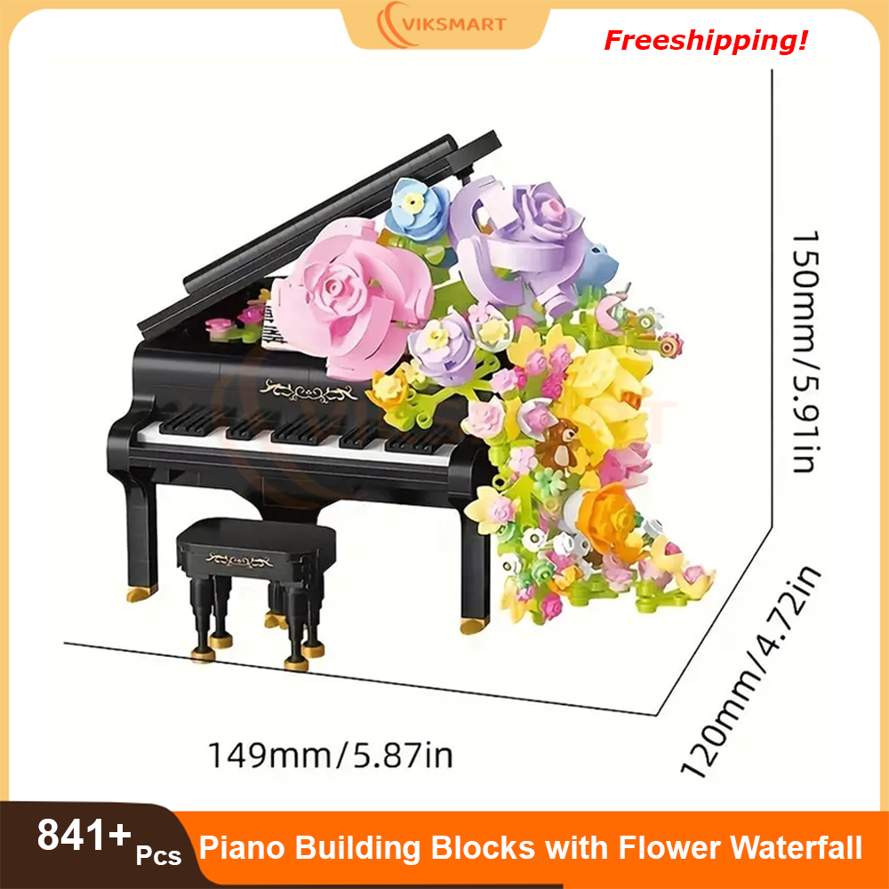 Mini Piano Model Assembling Building Blocks with Flower Waterfall DIY MOC