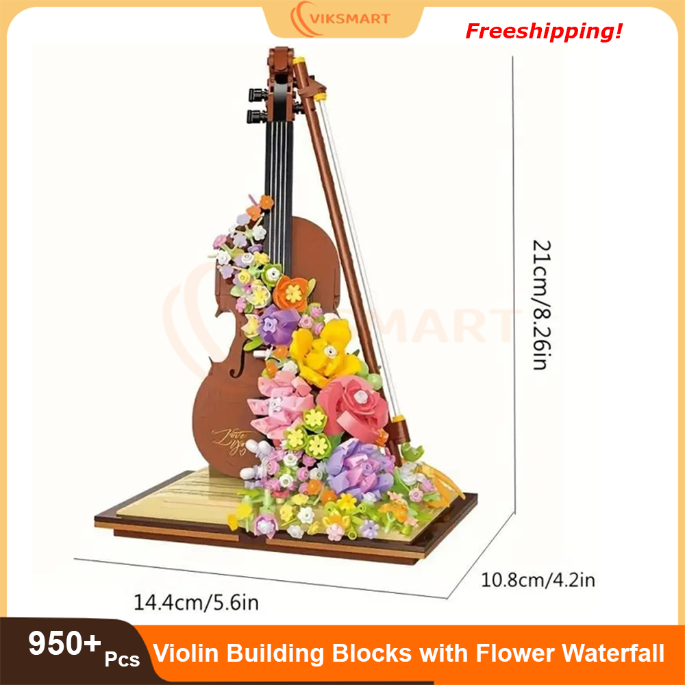 Mini Violin Model Assembling Building Blocks with Flower Waterfall DIY MOC